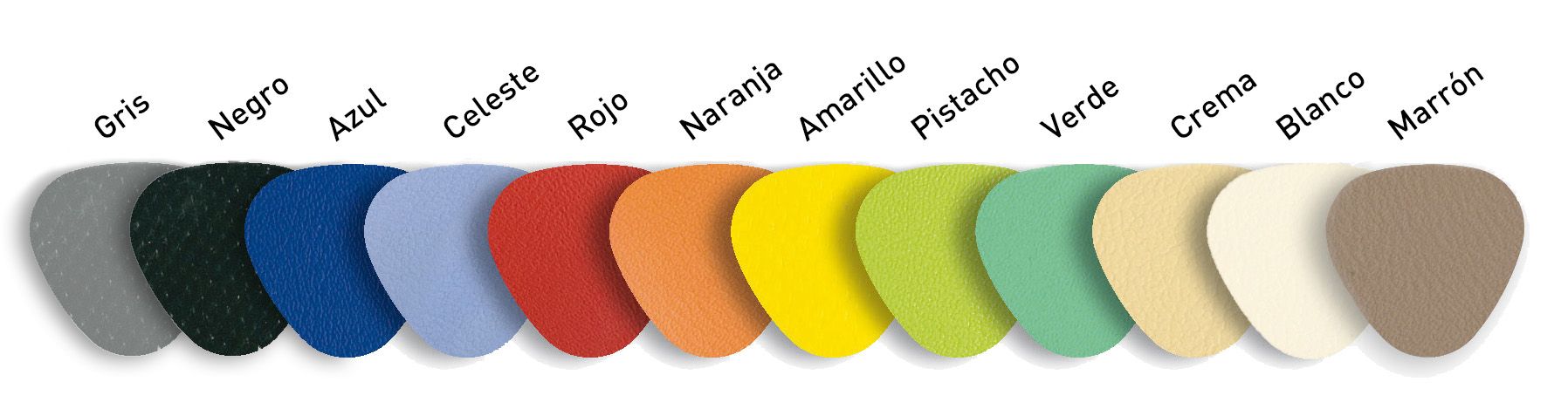 gris, negro, azul, celeste, rojo, naranja, amarillo, pistacho, verde, crema, blanco, marrón